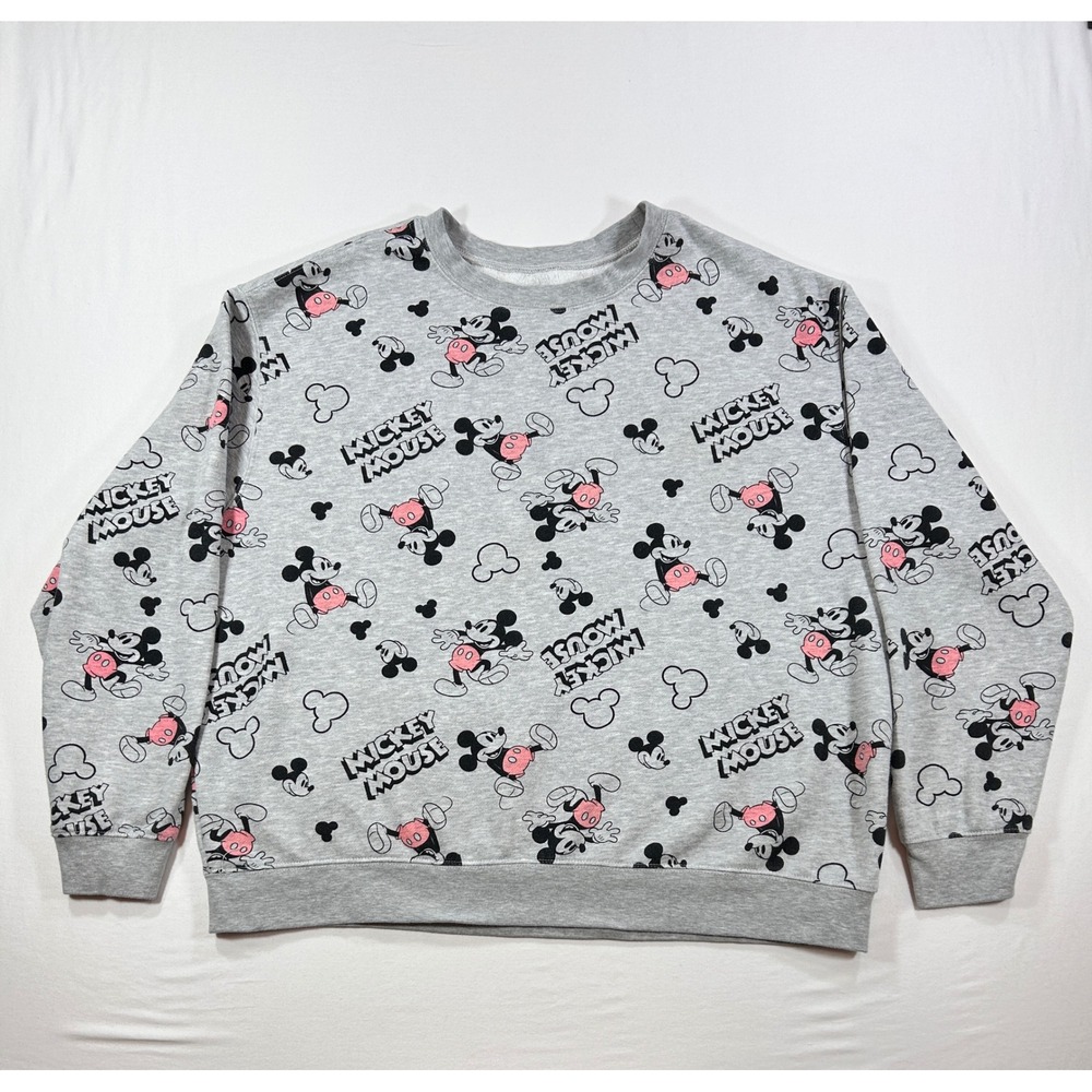 Disney Mickey Mouse All Over Print Sweatshirt Gray Pink 3X Crewneck Fleece